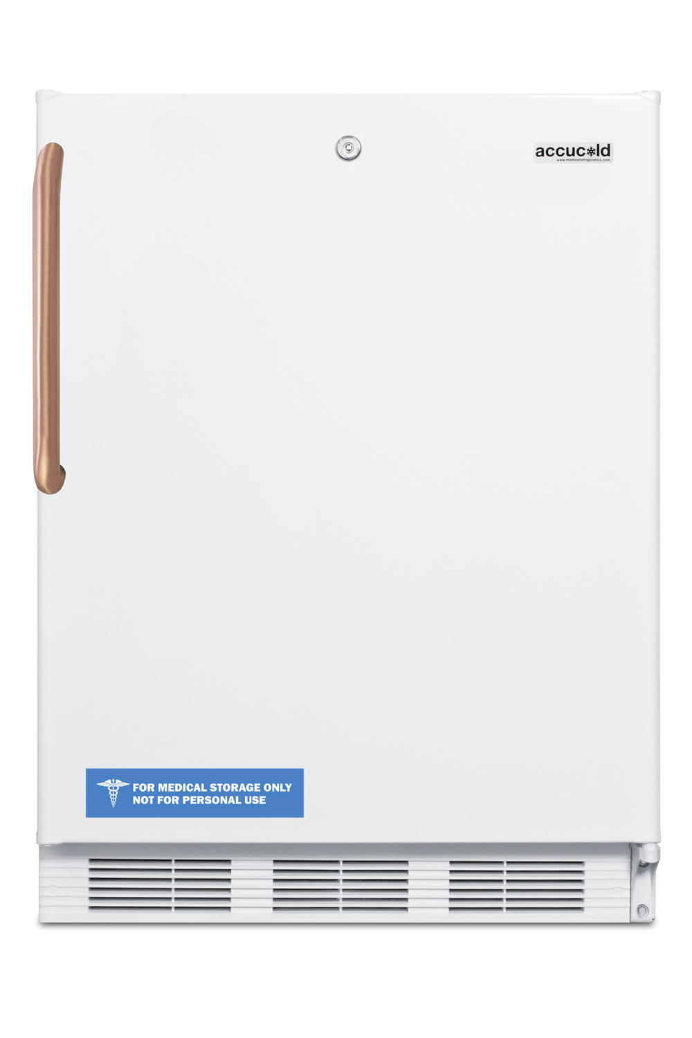 ADA compliant built-in undercounter all-refrigerator for general purpose or commercial use, with pure copper handle, lock, auto defrost operation, and white exterior